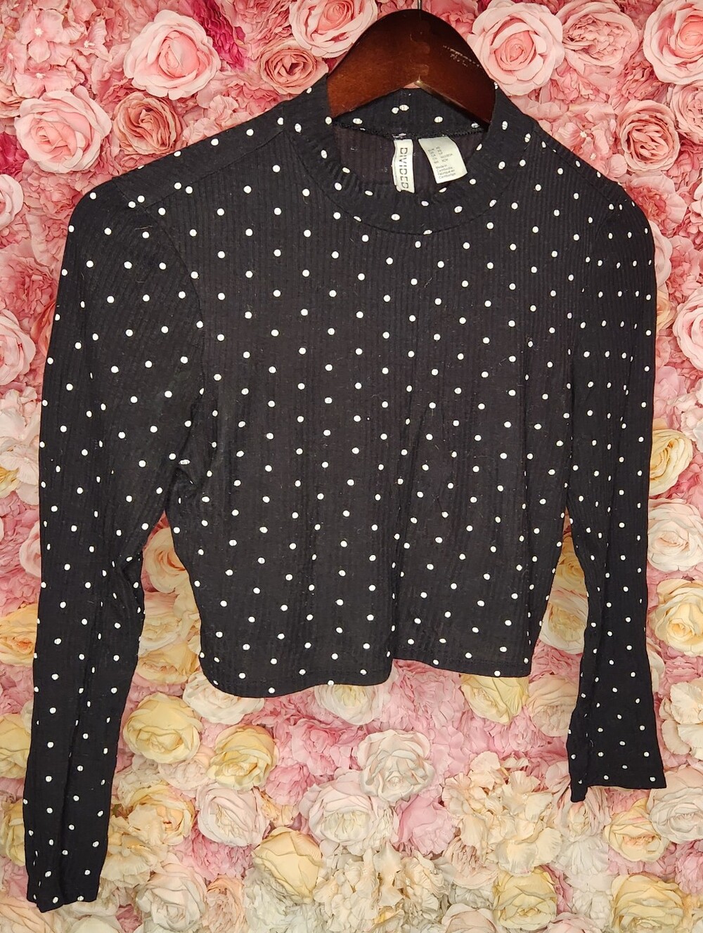 Divided Black Ribbed Long-Sleeve Polka Dot Crop Top